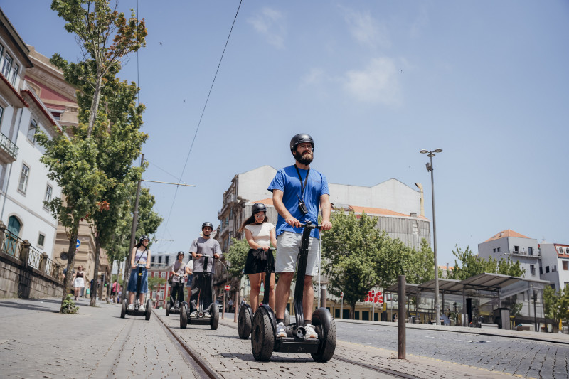 Group of travelers enjoying a Segway city tour in Porto